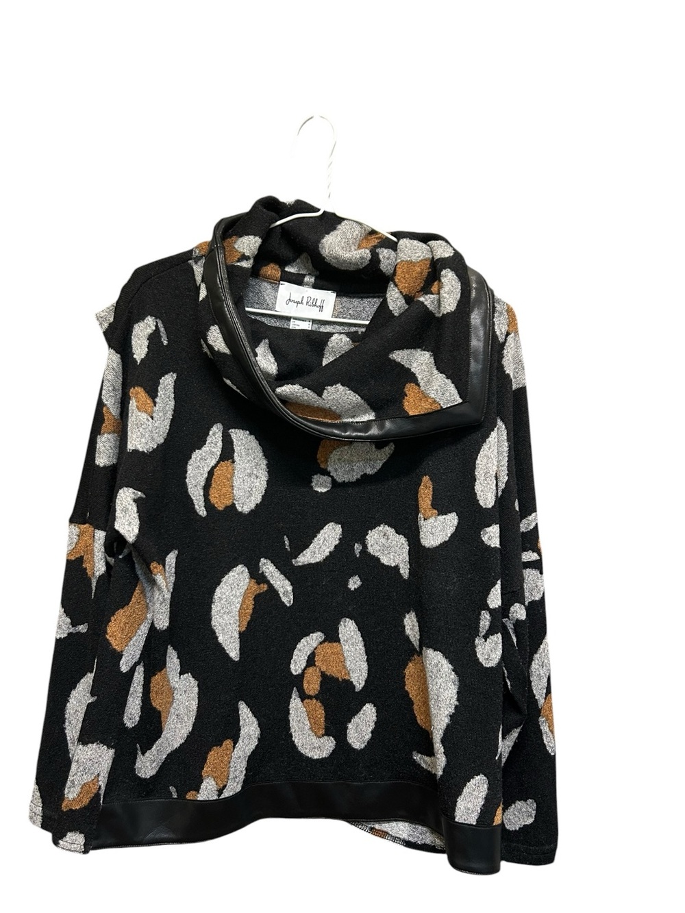 Joseph Ribkoff Bold Animal Print Cowl Neck Faux Leather Knit Top Size 4 - Picture 2 of 5